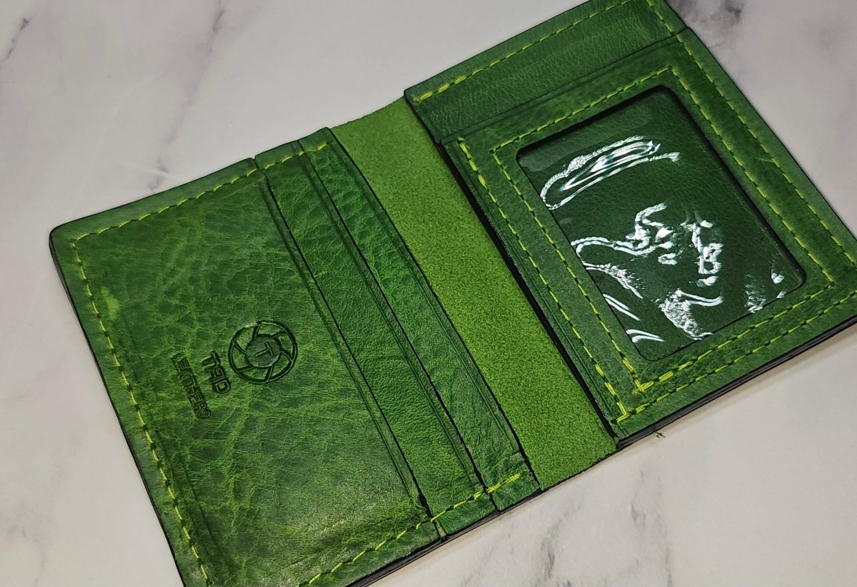 Vibrant Green Leather Card Wallet - Bold Handcrafted ID Holder Design - Tad Leathers