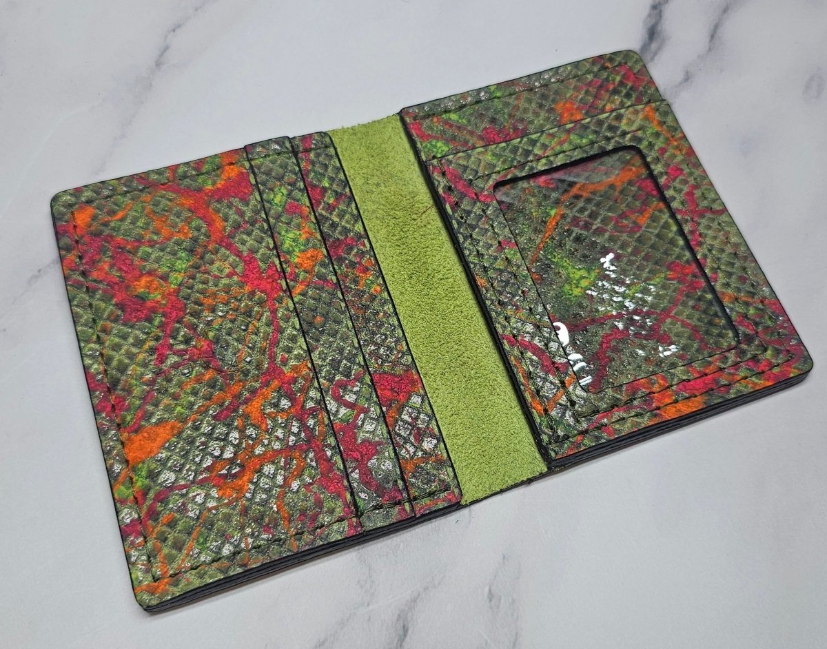 Psychedelic Green Artistic Card Wallet - Unique Handcrafted Leather Design - Tad Leathers