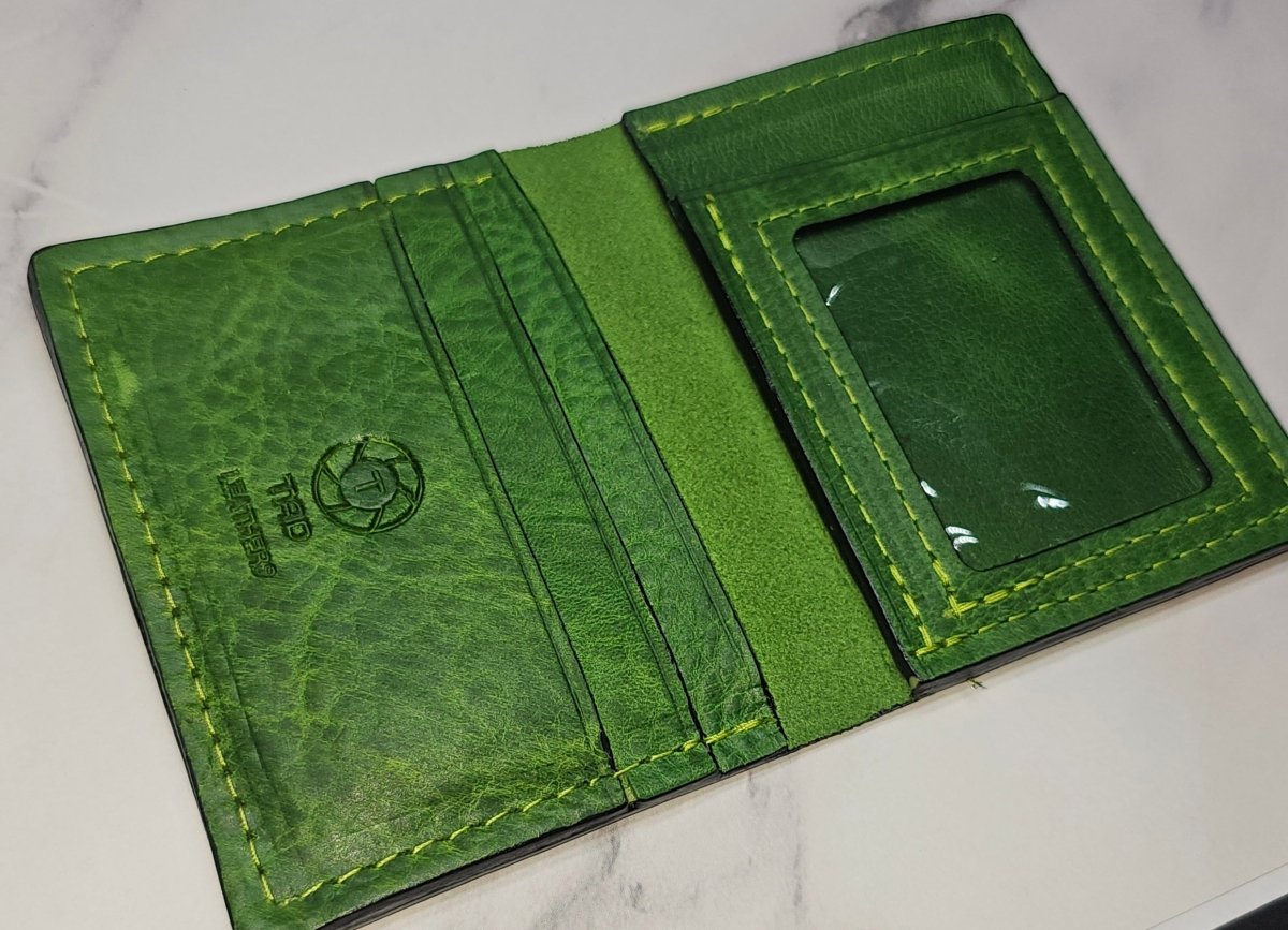 Vibrant Green Leather Card Wallet - Bold Handcrafted ID Holder Design - Tad Leathers