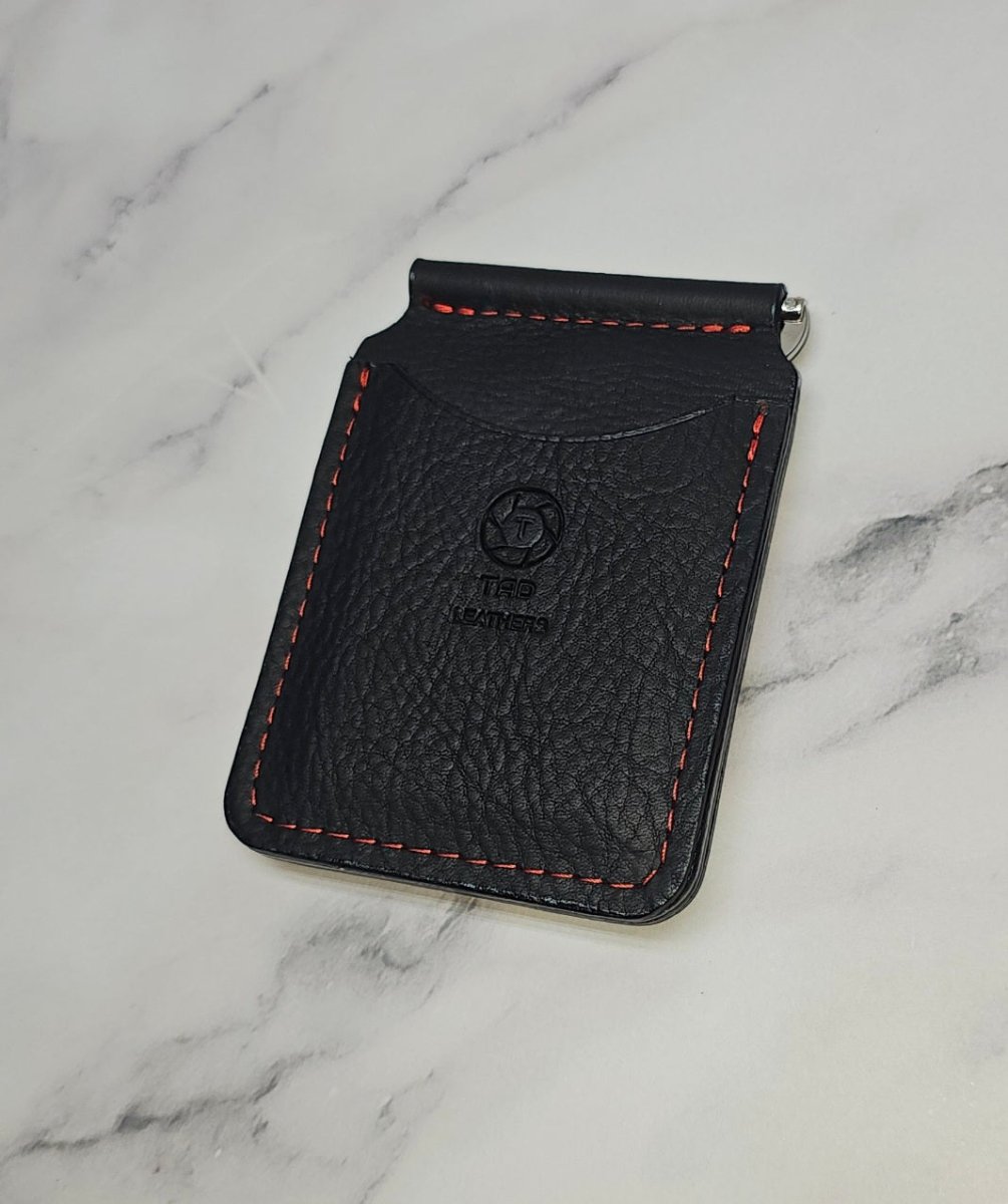 Black Leather Money Clip with Red Stitching | Premium Full - Grain Leather by Tad Leathers - Tad Leathers