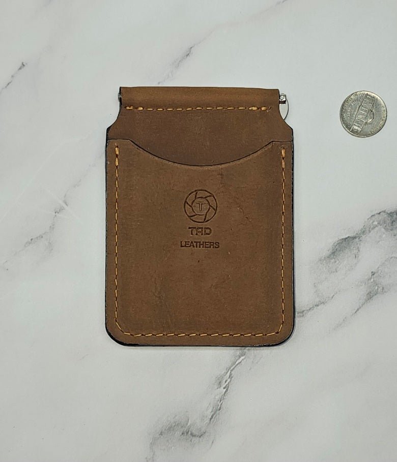 Handmade Embossed Leather Money Clip in Cognac Brown