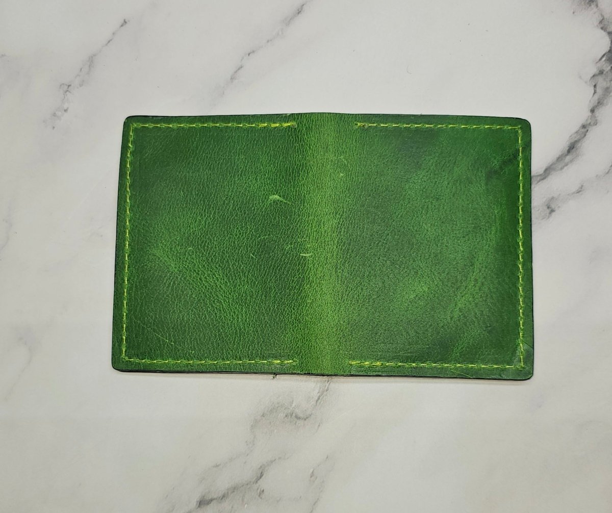 Vibrant Green Leather Card Wallet - Bold Handcrafted ID Holder Design - Tad Leathers