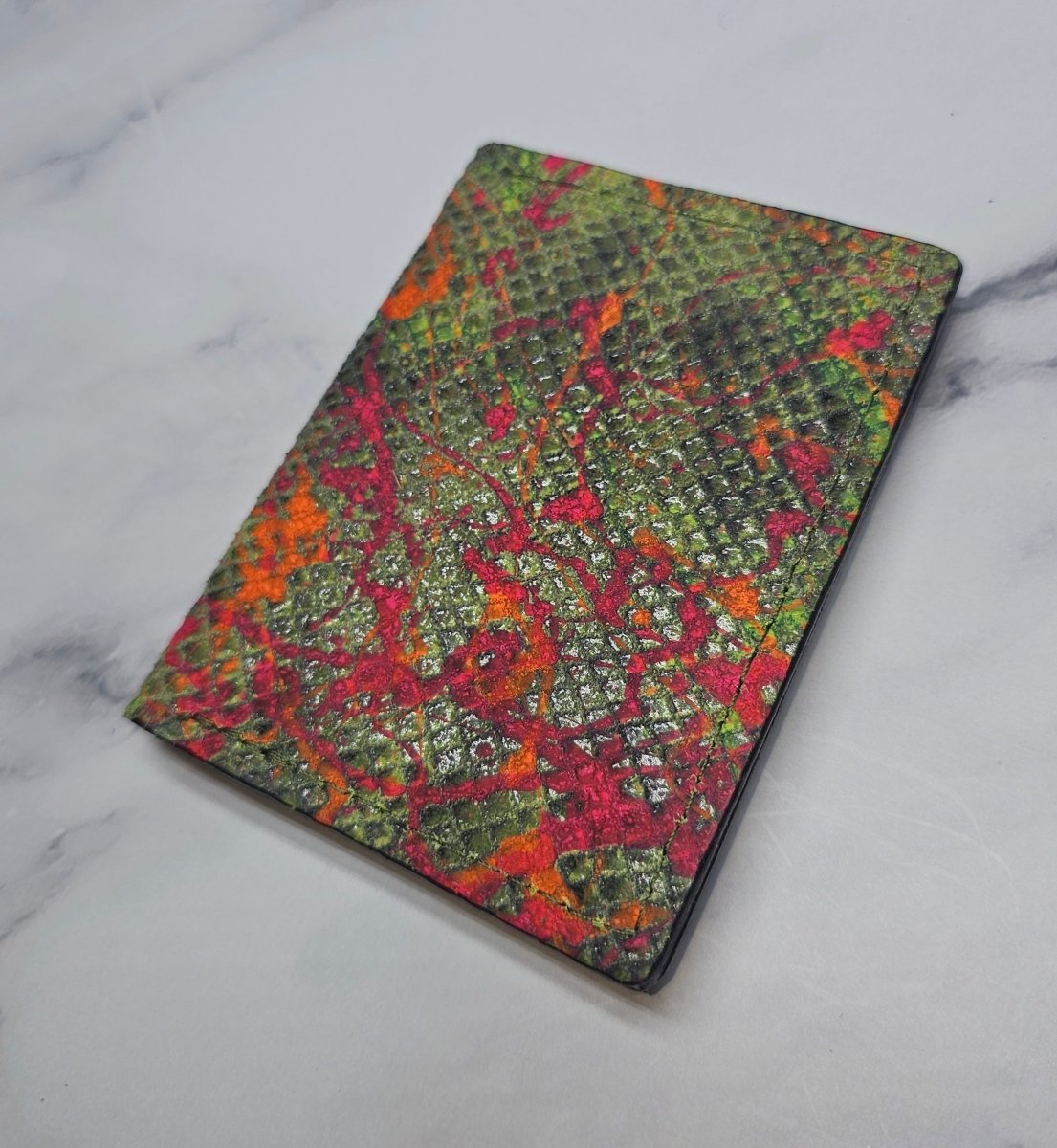 Psychedelic Green Artistic Card Wallet - Unique Handcrafted Leather Design - Tad Leathers