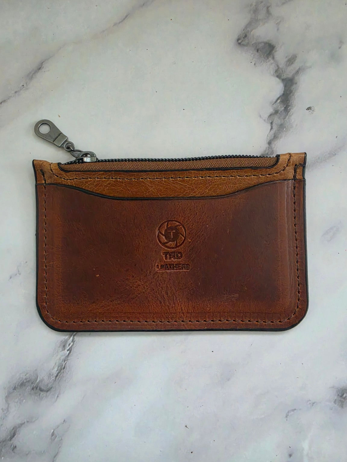 Cognac Brown handmade leather zipper pouch full view