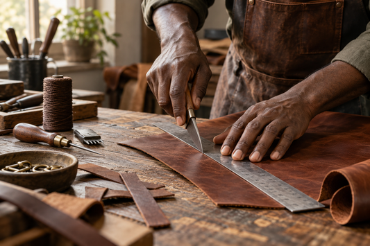 Black leather artisan cutting brown leather by hand at a traditional workshop bench