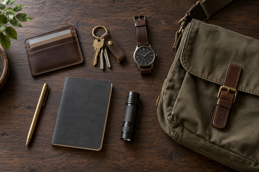 Men's everyday carry essentials arranged on a dark wood table