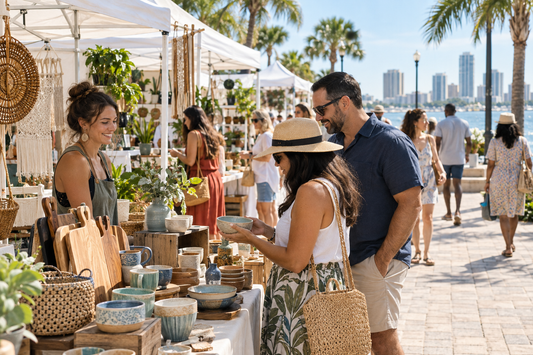 Shoppers browsing an outdoor handmade artisan market in Tampa Bay