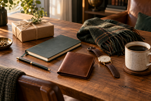 Timeless gift ideas for men arranged on a warm wooden table