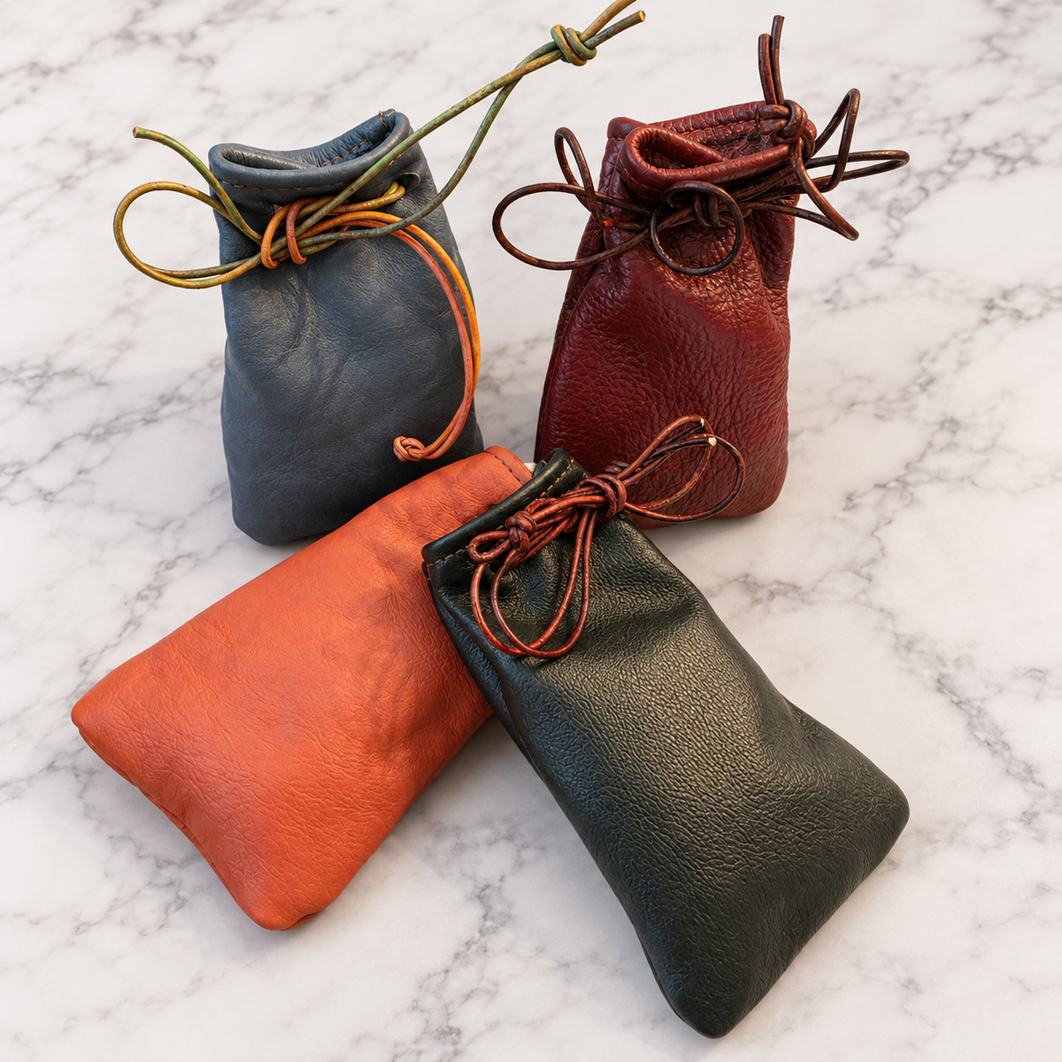 Handmade Full Grain Leather Drawstring Pouch on light white and gray marble background