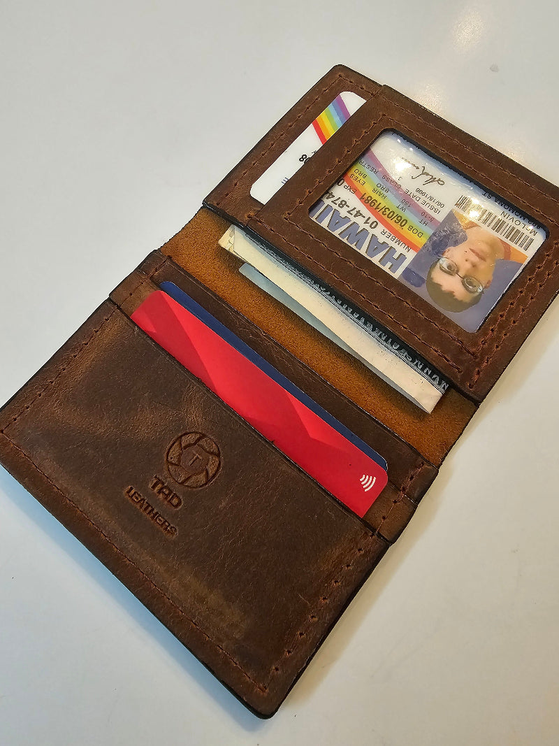 Brown Leather ID wallet Minimalist Wallet Handmade