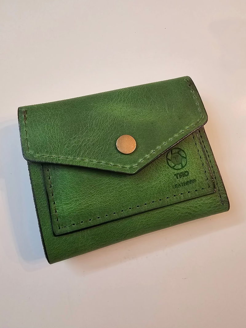 handmade green leather snap wallet