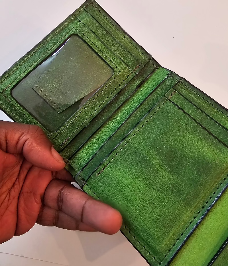 green leather wallet ID slot