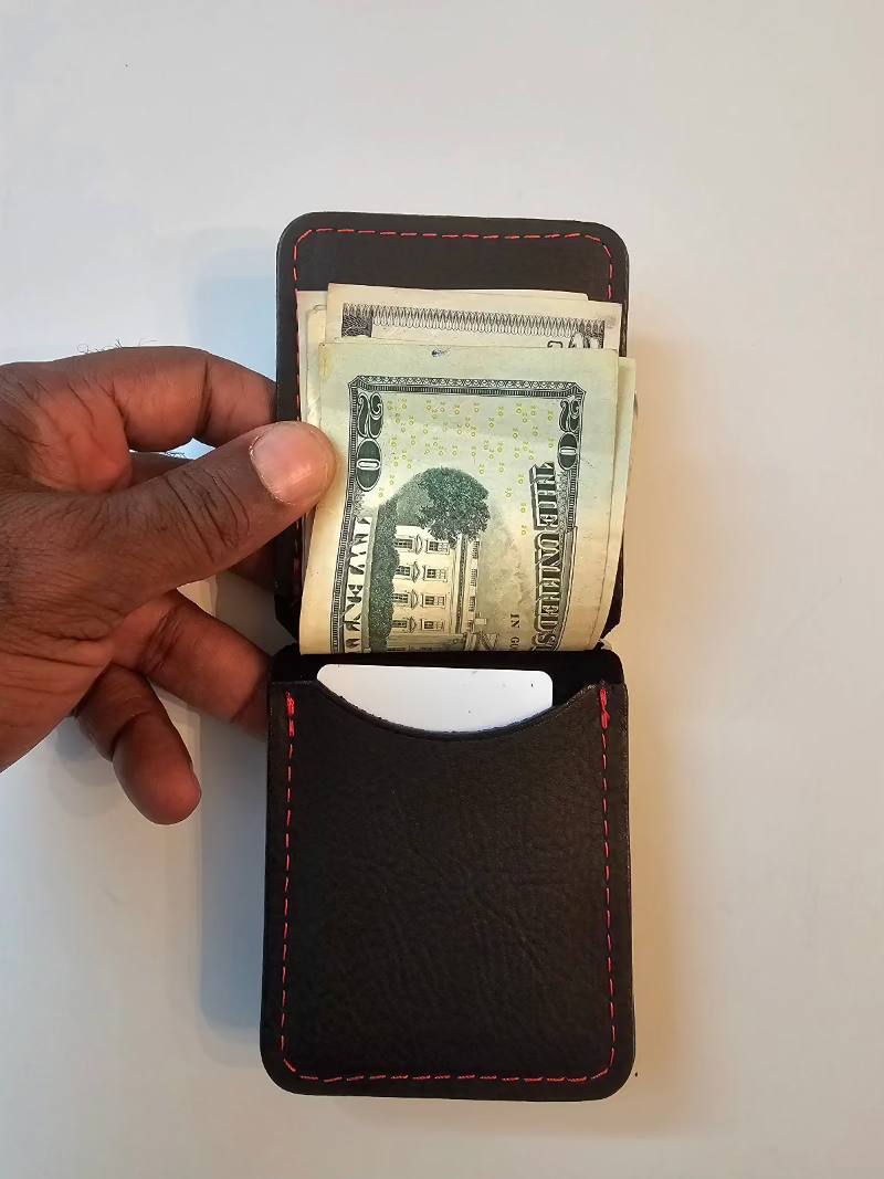 Money Clip Wallet Black & Red Stitching