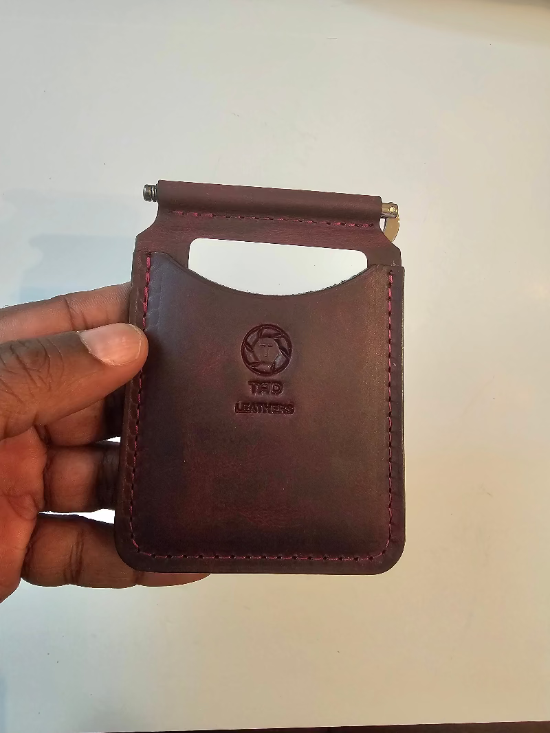 Handcrafted volcano red textured leather money clip by Tad Leathers