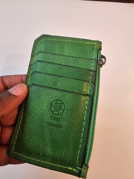 Card holderGreen leatherHandmadeStylish Green Zip Pouch OrganizerWallet