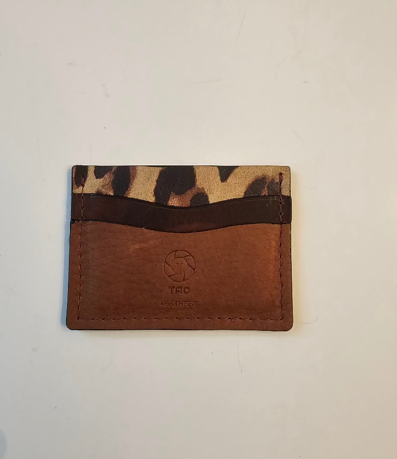 Brown & Leopard Print Slim Leather Card Holder Wallet - Tad Leathers