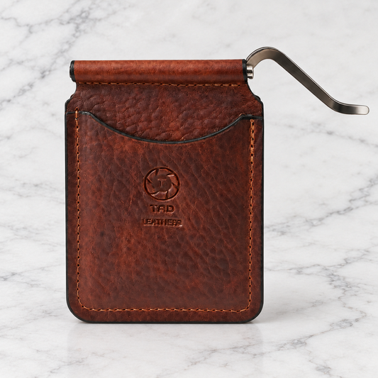 Cognac Leather Money Clip Wallet on light marble background