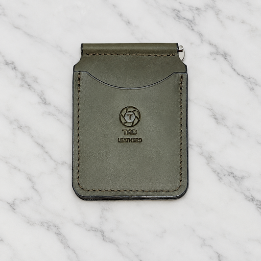 Sage Green Leather Money Clip Wallet on light marble background