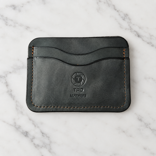 Green Full-Grain Leather Cardholder on light marble background