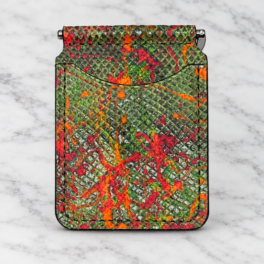 Hunter Green Python-Embossed Money Clip Wallet on light white and gray marble background