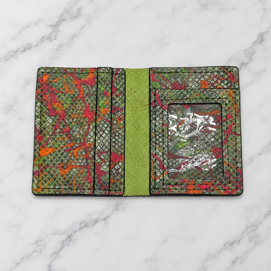 Psychedelic Green Leather ID Wallet on light marble background