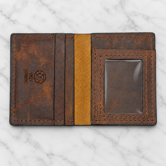 Volcano Brown Leather ID Wallet on light marble background