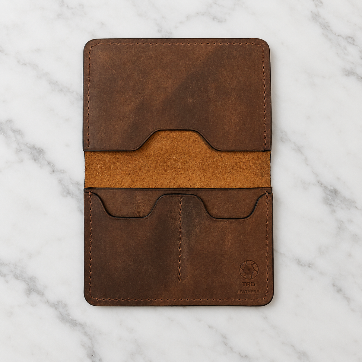 Crimson Ember Leather Passport Holder on light marble background