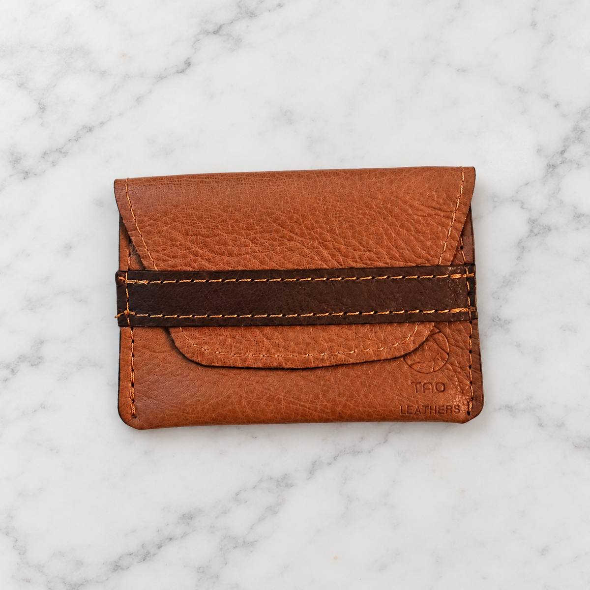 Two-Tone Full-Grain Leather Card Holder on light marble background
