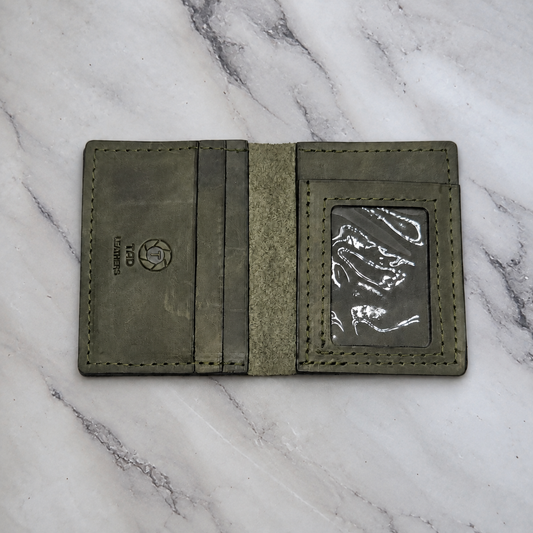 Army Green Leather ID Wallet on natural gray marble background