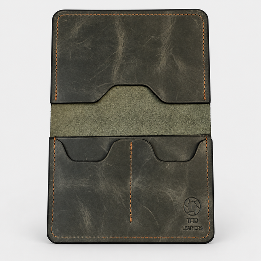 Army Green handmade leather passport holder by Tad Leathers