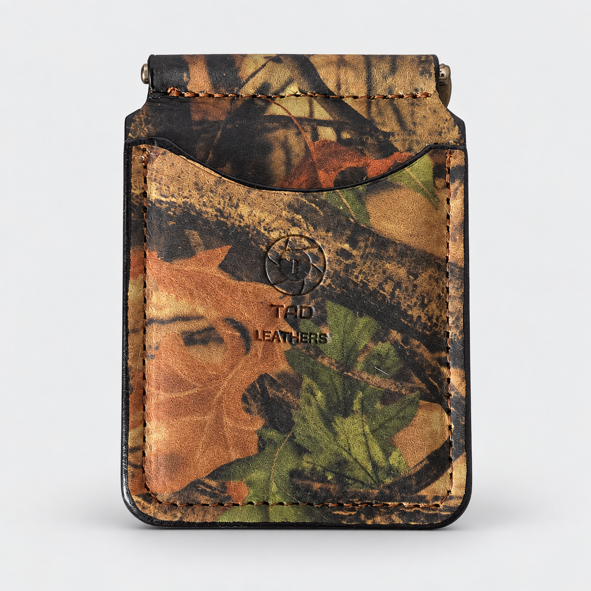 Backwoods Camo handmade leather money clip wallet by Tad Leathers