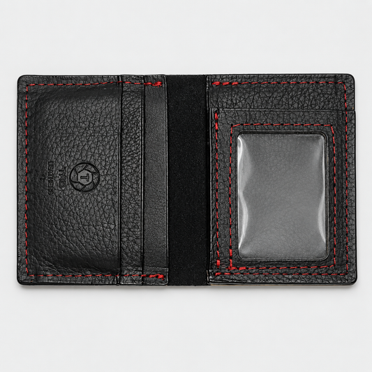 Black leather ID wallet with red stitching by Tad Leathers