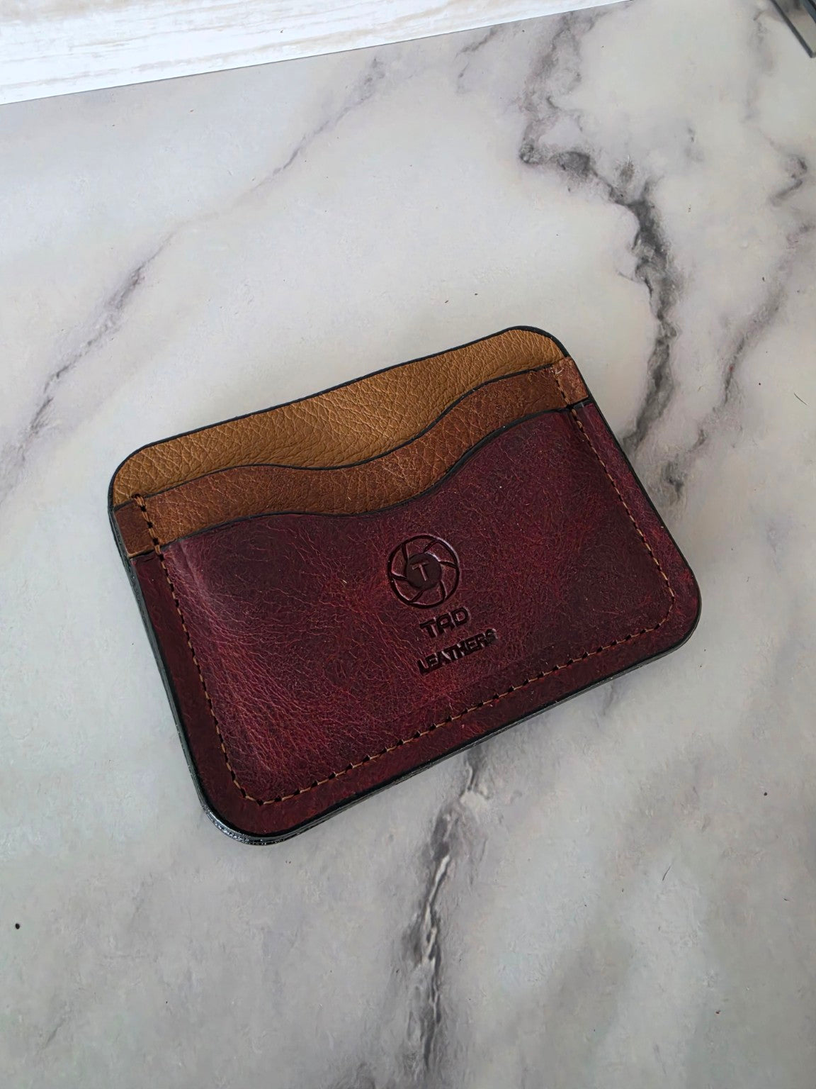 Burgundy and saddle brown one-of-one leather cardholder alternate angle