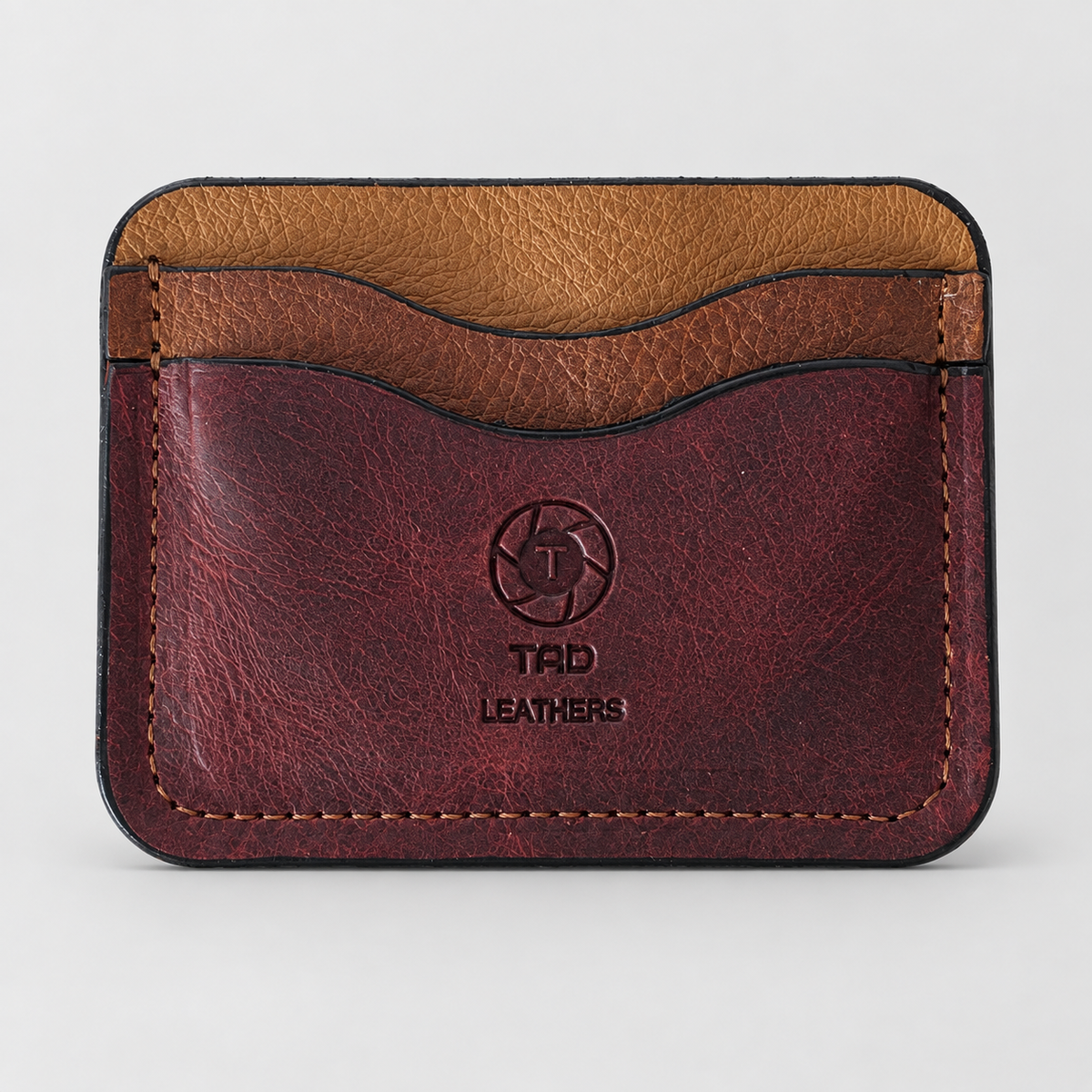 Burgundy and saddle brown one-of-one leather cardholder front