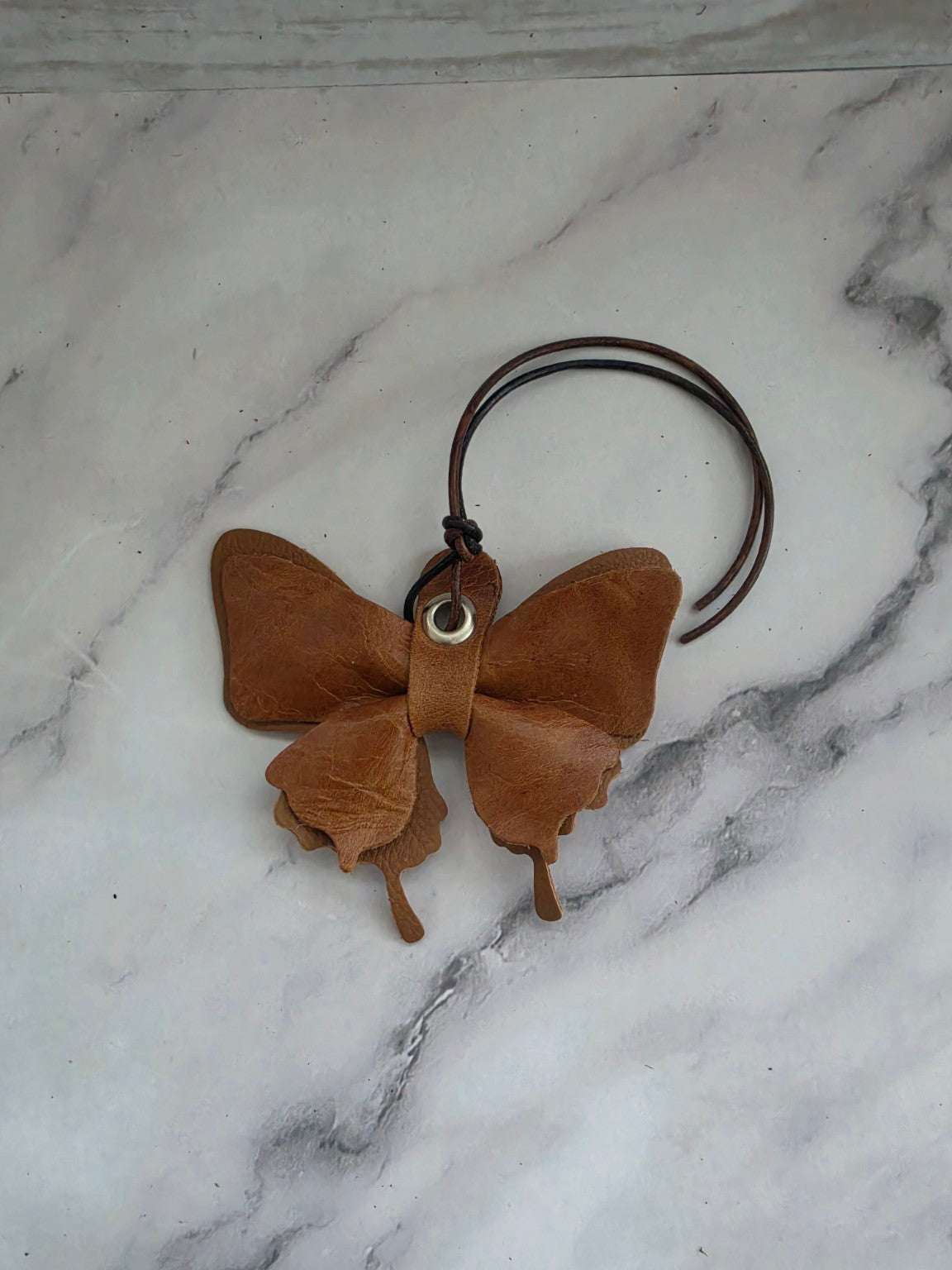 Cognac Brown handmade leather butterfly bag charm