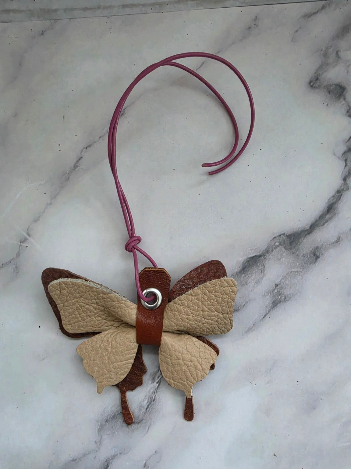 Natural and Brown handmade leather butterfly bag charm