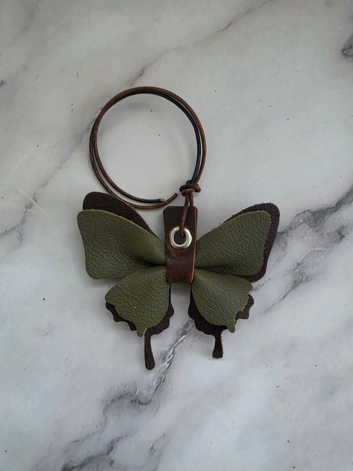 Olive and Dark Brown handmade leather butterfly bag charm