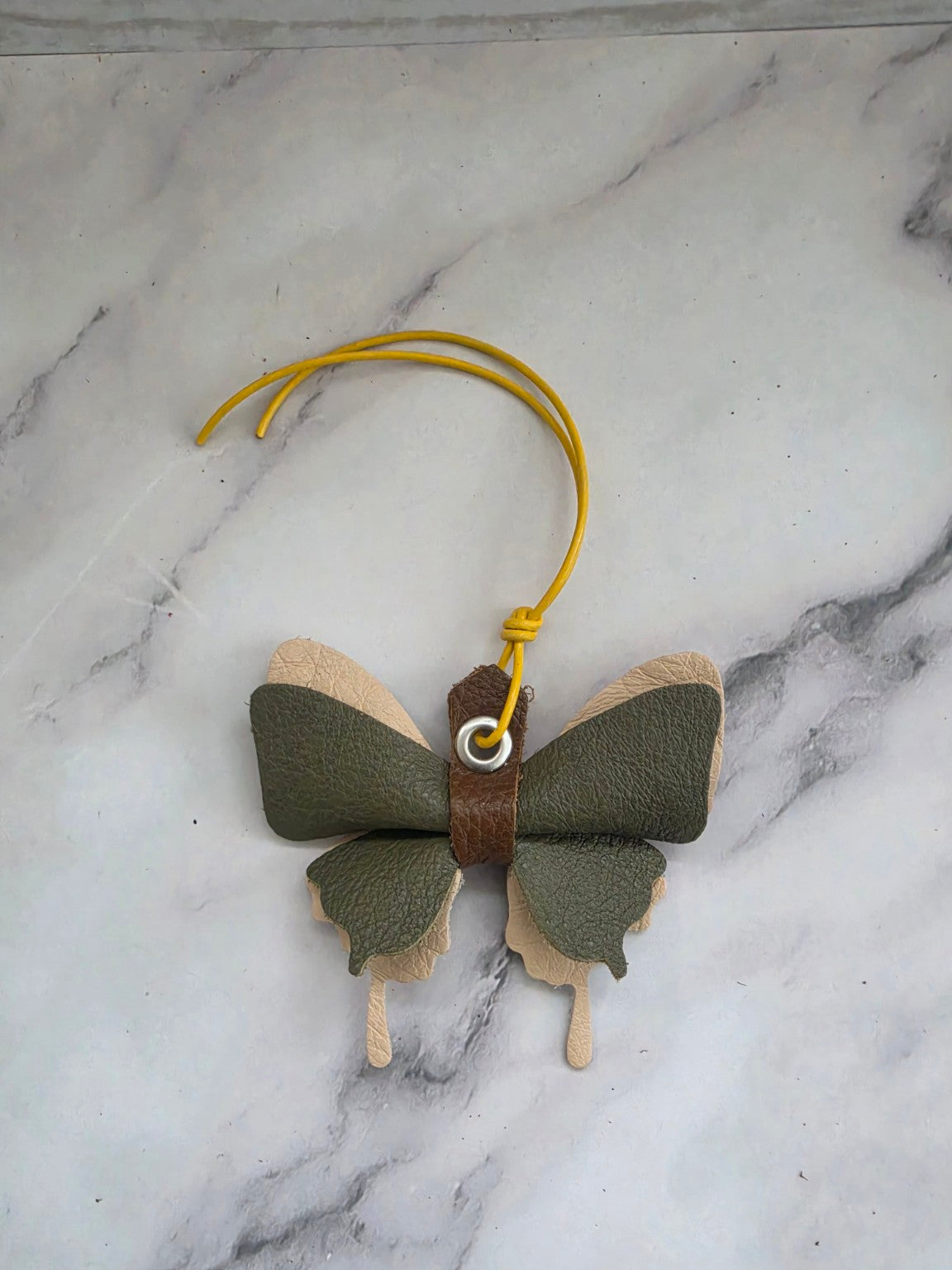 Olive and Natural handmade leather butterfly bag charm
