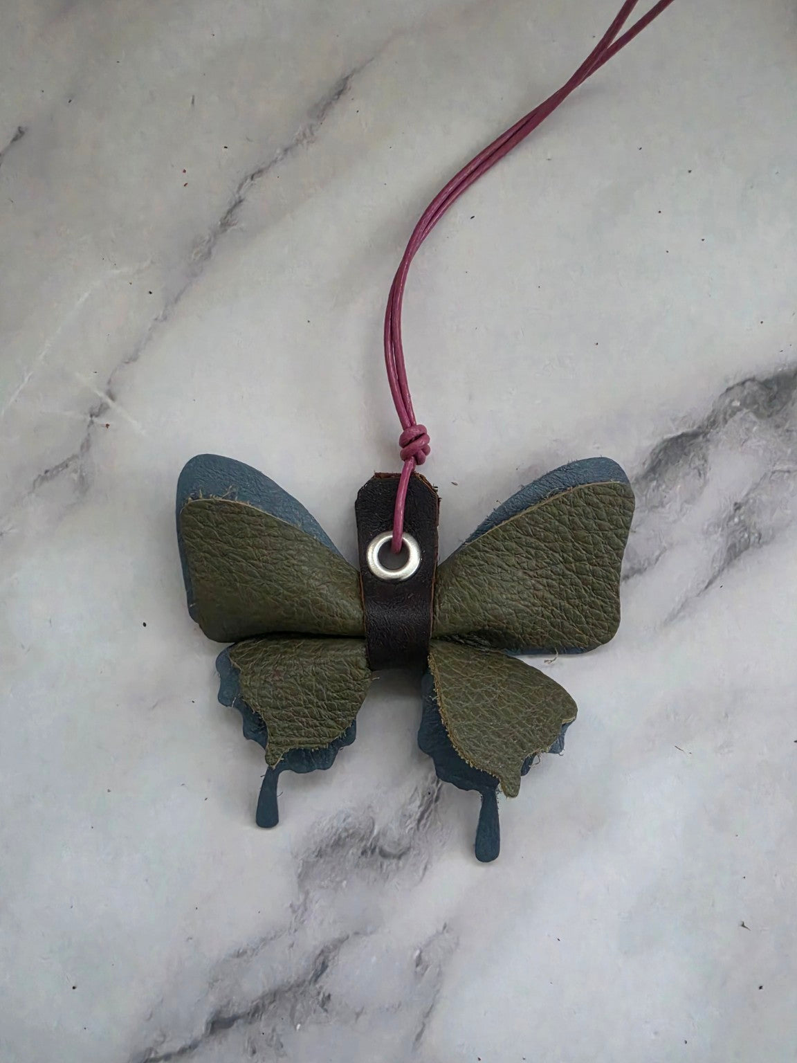 Olive and Slate Blue handmade leather butterfly bag charm