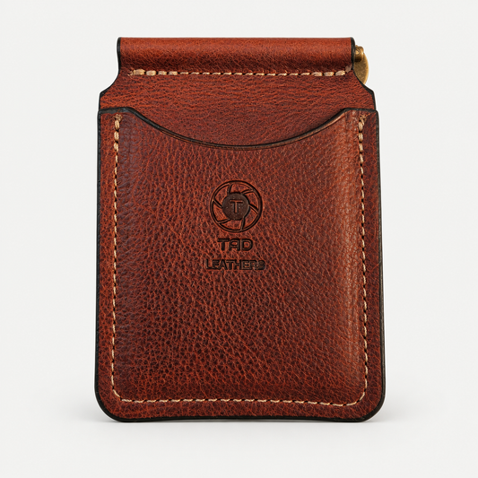 Cognac brown embossed leather money clip wallet handmade by Tad Leathers