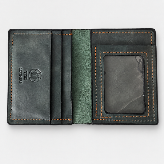 Green Charcoal full-grain leather ID wallet by Tad Leathers