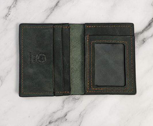 Open green charcoal full-grain leather ID wallet handcrafted by Tad Leathers