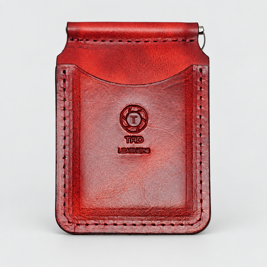 Red handmade leather money clip wallet by Tad Leathers
