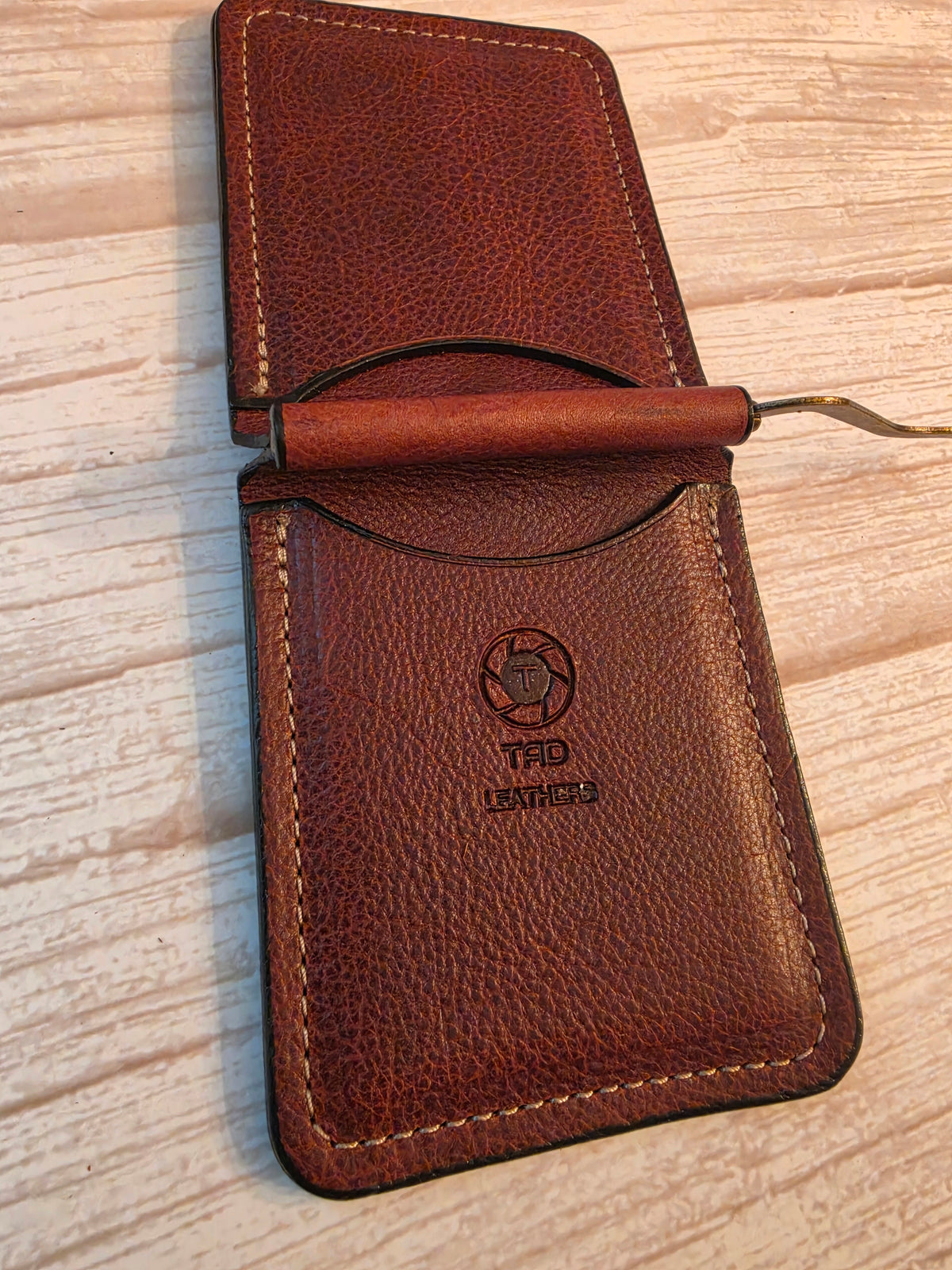 Cognac Brown Embossed Leather Money Clip Wallet