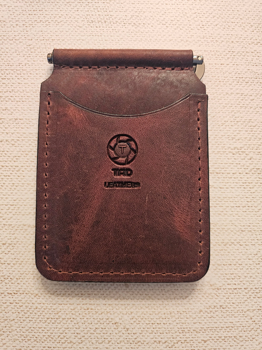Premium volcano brown leather money clip handcrafted in Florida
