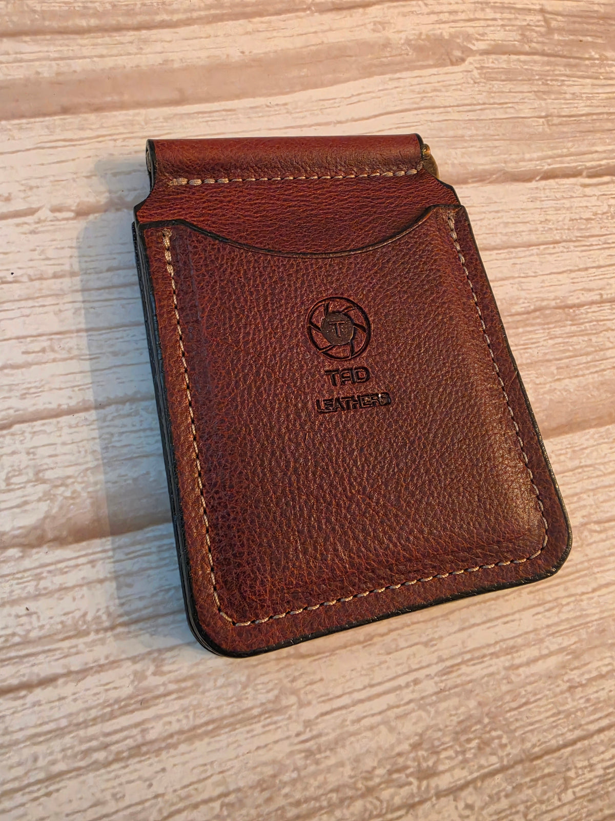Cognac Brown Embossed Leather Money Clip Wallet