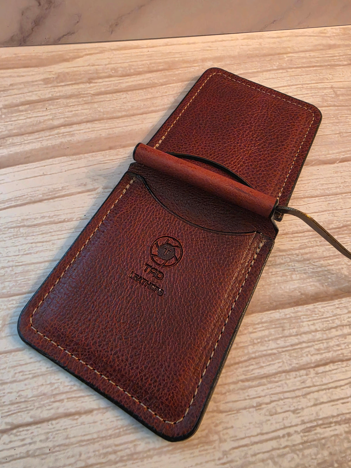 Cognac Brown Embossed Leather Money Clip Wallet