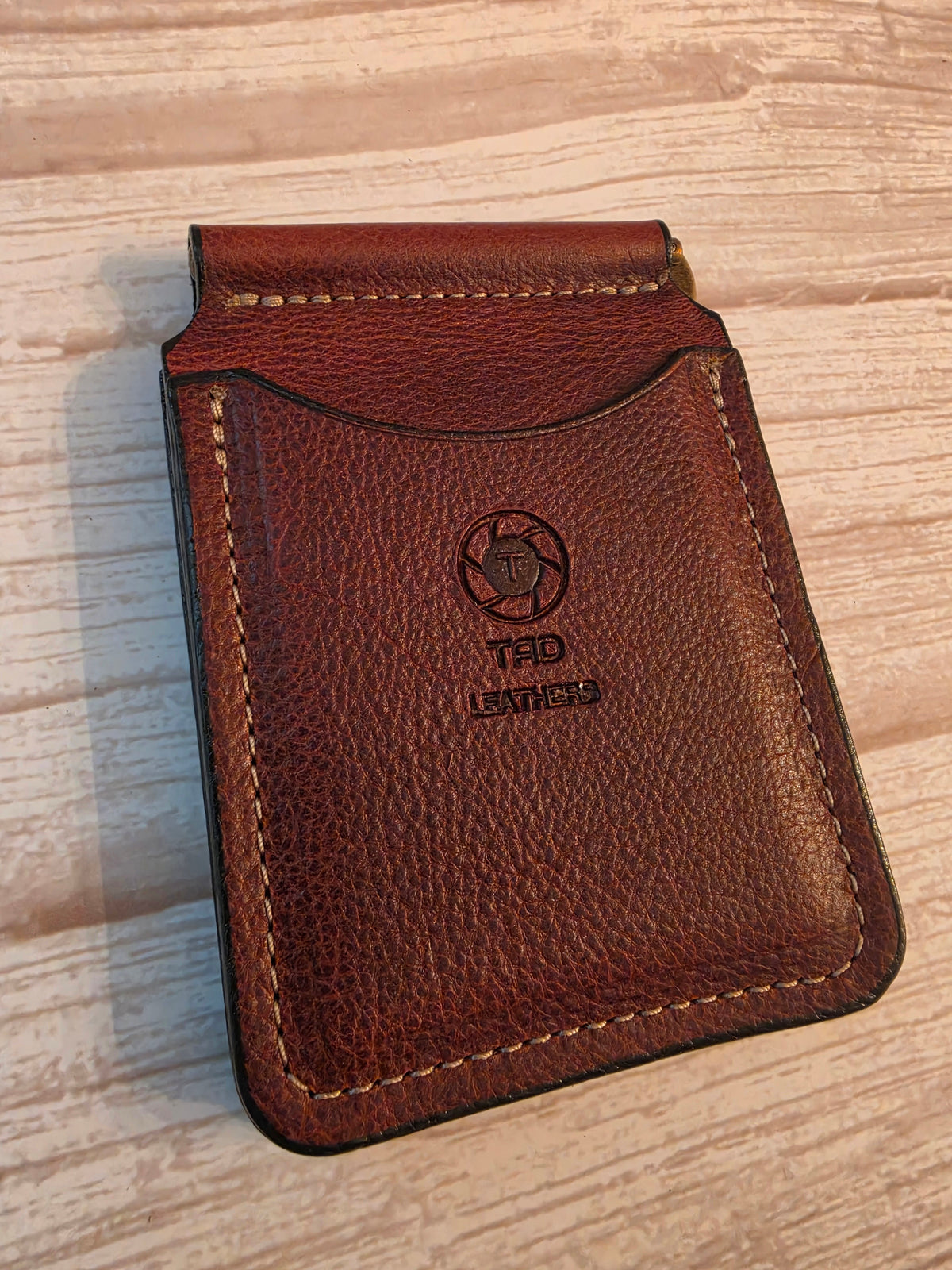 Cognac Brown Embossed Leather Money Clip Wallet