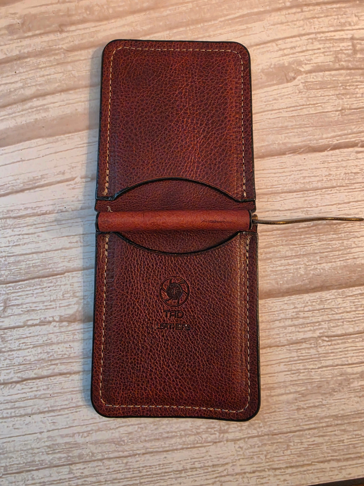 Cognac Brown Embossed Leather Money Clip Wallet