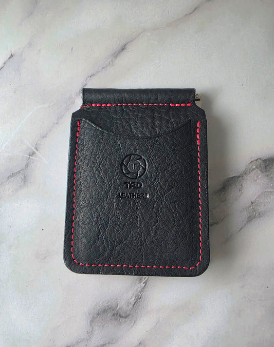 Black Leather Money Clip Wallet - Red Stitching